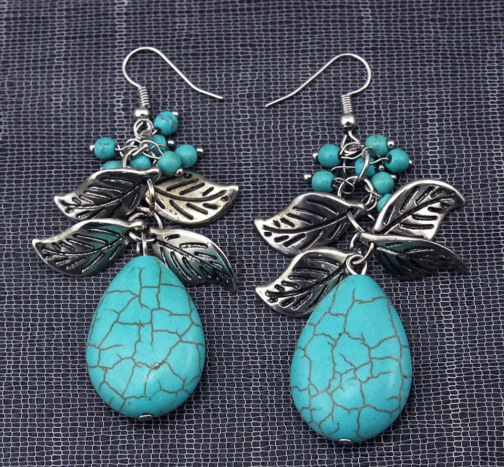 

Cute Tibetian Silver Leaf Ethnic Dangling Earrings Blue Beads Flower Drop Boho Statement Gypsy Tribal Earring Valentine's Day
