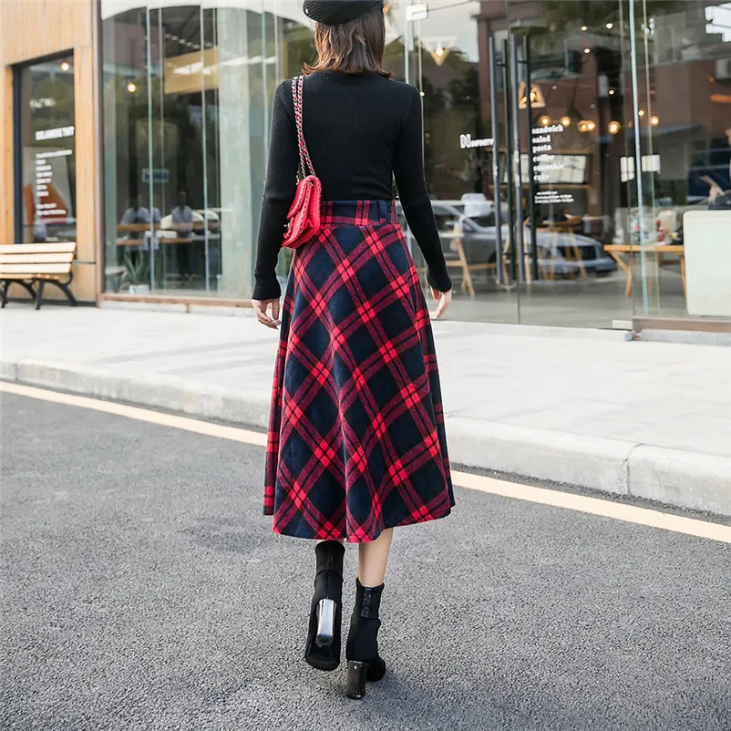 Feitong Female Womens High Elastic Waist Cotton Maxi Skirt A-line Plaid Autumn Winter Warm Straight Flare Long Skirt N15#N (3)