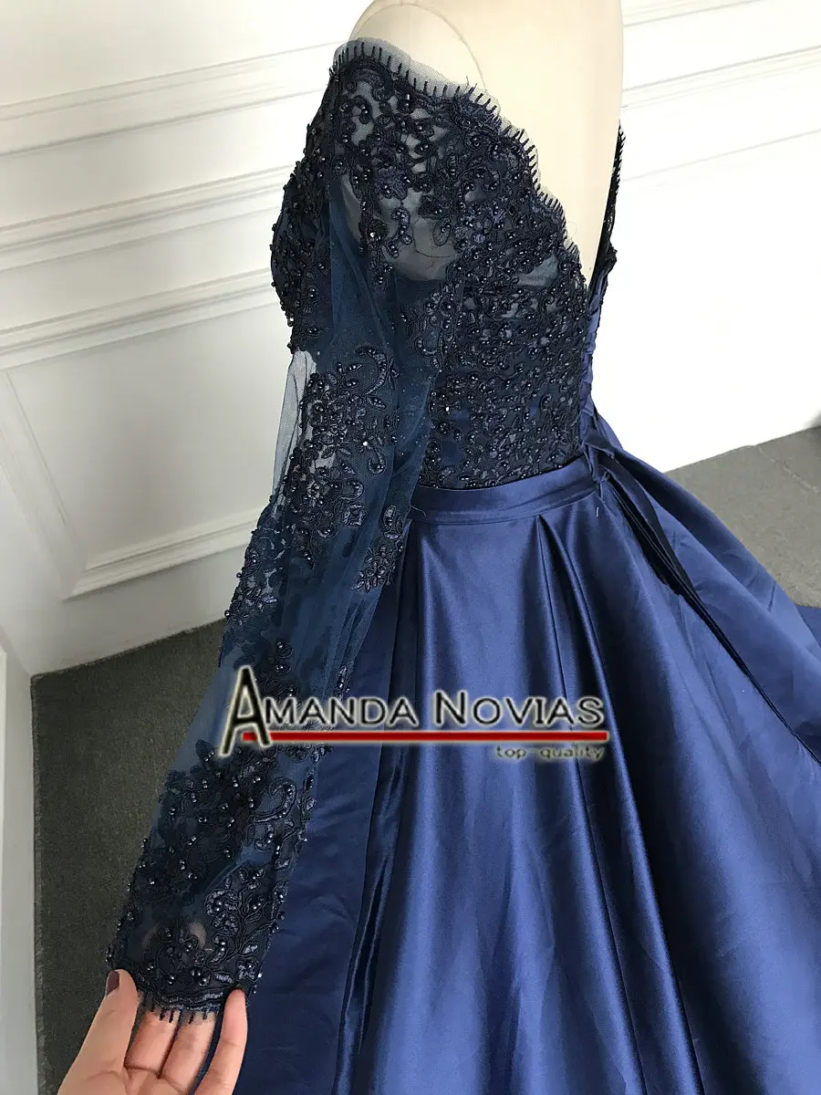 Темно-Синий Атлас с кружевом Вечерние платья Длинные кружевные рукава