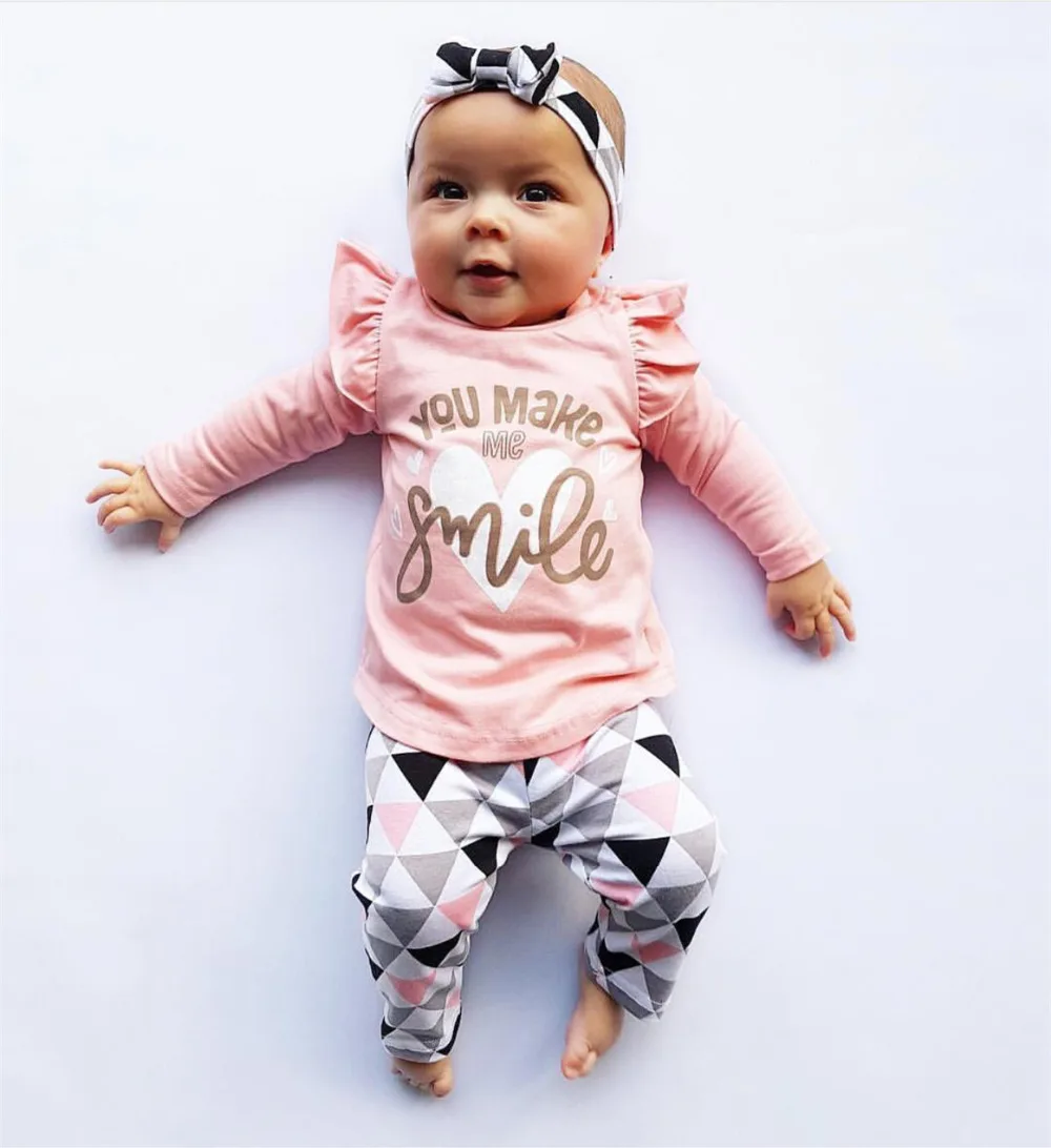 

Newborn Baby Girl Clothes Long Sleeve Cotton Letters T-shirt + Pants + Headband Toddler Infant Baby Girls Clothing Sets