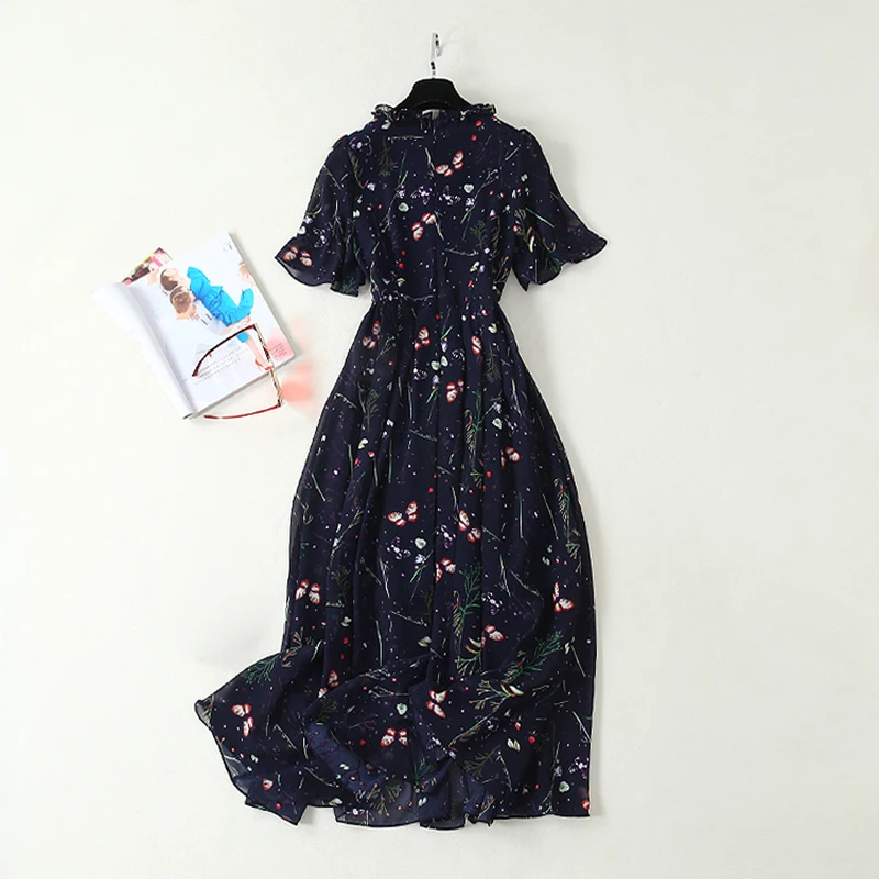 

HIGH QUALITY Newest 2019 Summer Runway Dress Women's Short Sleeve Charming Floral Print Mid-calf Dress