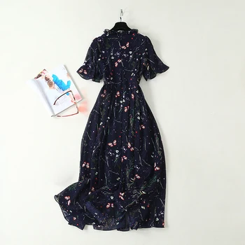 

HIGH QUALITY Newest 2020 Summer Runway Dress Women's Short Sleeve Charming Floral Print Mid-calf Dress