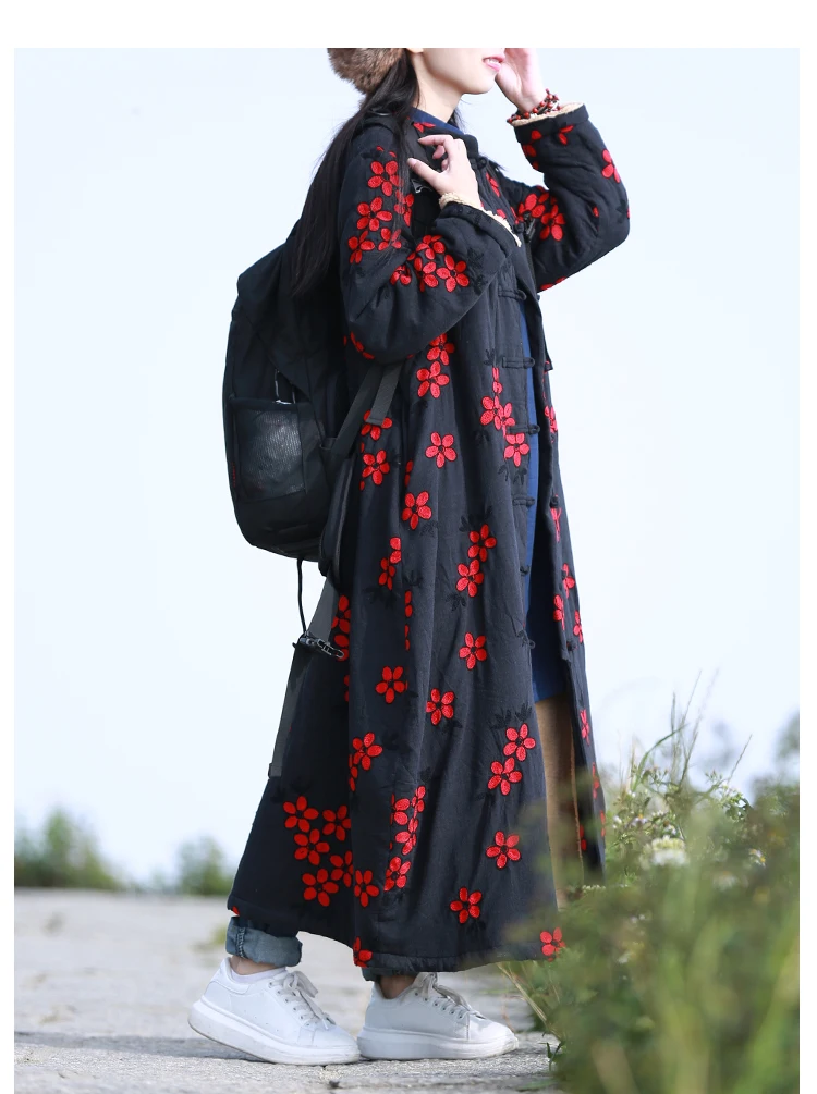LZJN Women's Chinese-Style Floral Embroidered Trench Coat, Maxi Loose Overcoat, Windproof Fleece Jacket, for Autumn and Winter