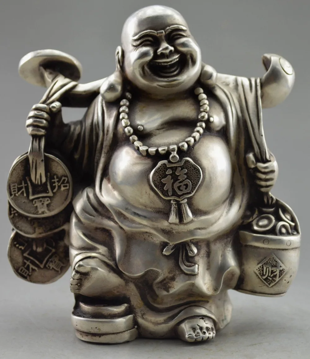 

Metal Crafts Collectible Decorate Old Tibet Silver Smile Buddha Carry Coin Bring Money Statue fast SHIPPING