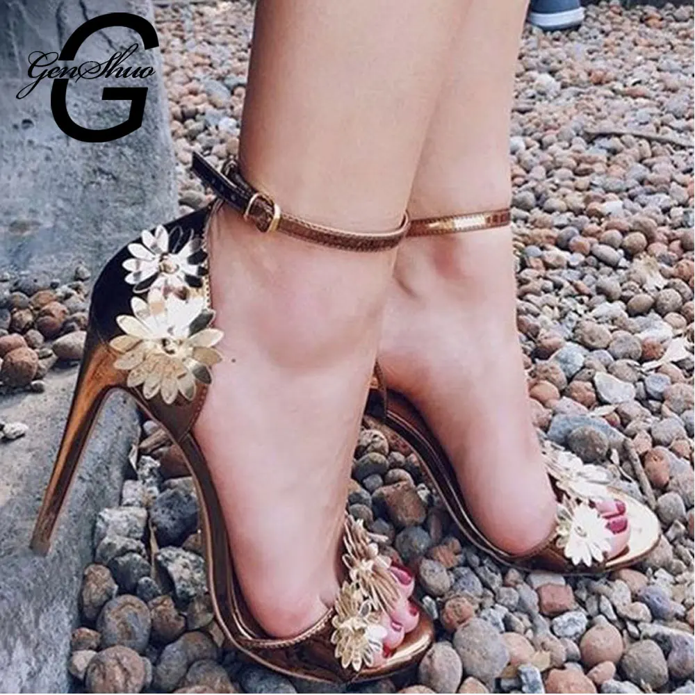 

GENSHUO Zapatos De Mujer Summer High Heels Open Toe Sexy Shoes Woman Fashion Rivet Flower Ankle Strap Gladiator Shoes Woman