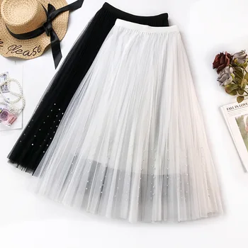

Wasteheart Spring White Black Blue Sexy Women Skirt A-Line Pleated Mid-Calf Skirt Mesh Clothing Empire Long Skirts Beading