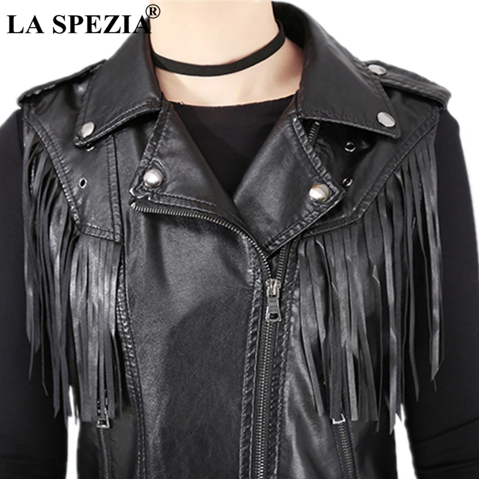 LA SPEZIA Womens Fringe Vest Black Faux Leather Waistcoat Ladies Belt Street Motorcycle Female Autumn Slim Sleeveless Jackets