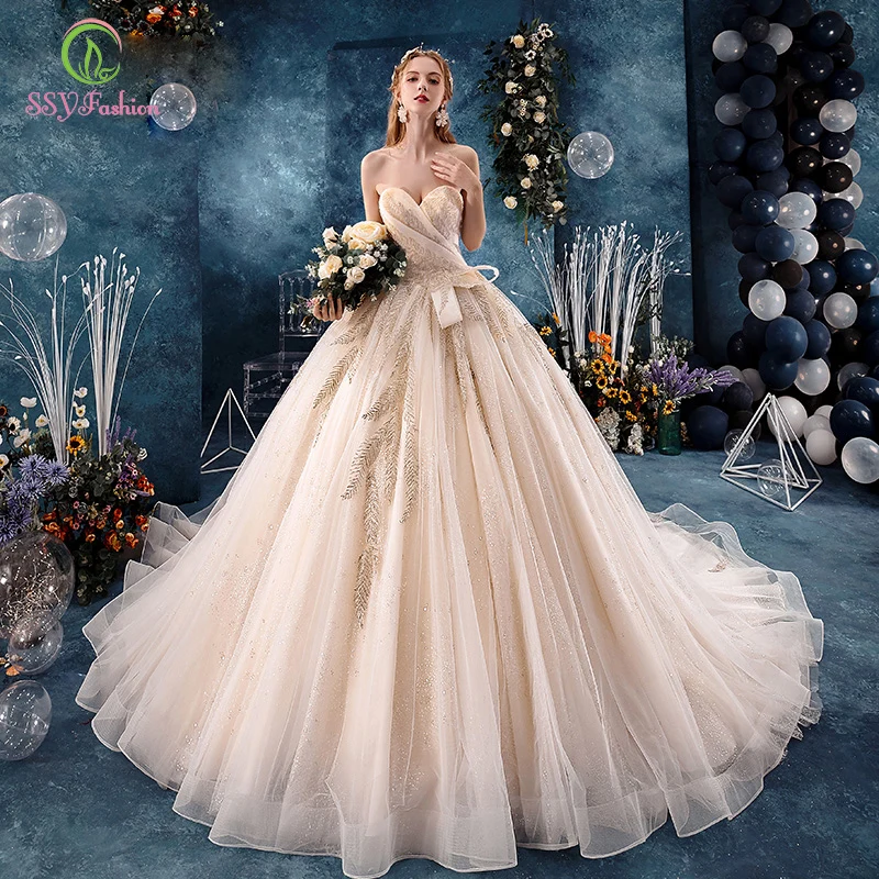 

SSYFashion New High-end Champagne Wedding Dress Bride Sweetheart Court Train Crstal Beading Long Wedding Gowns Vestidos De Novia