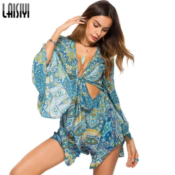 

LAISIYI Sexy V Neck Boho Print Women One Piece Playsuit Vintage Jumpsuit Romper Overalls Elegant Spring Beach Bodysuit ASJU20029