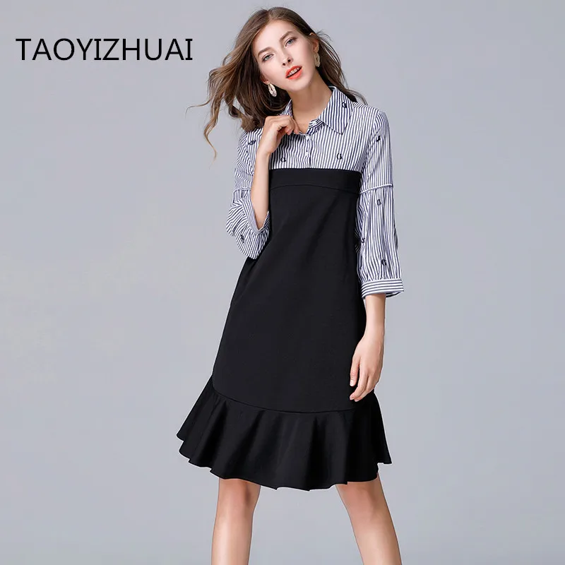 TAOYIZHUAI Новое поступление осеннее уличное платье размера плюс с отложным воротником женское платье в полоску 14090