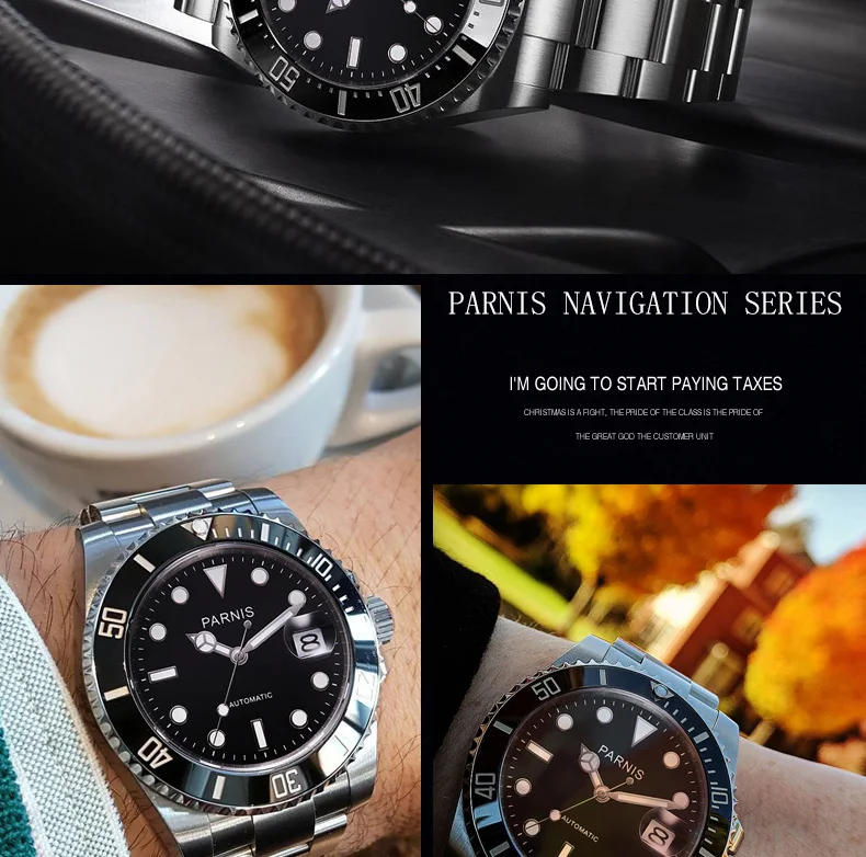 Moda parnis 40mm relógio mecânico automático masculino