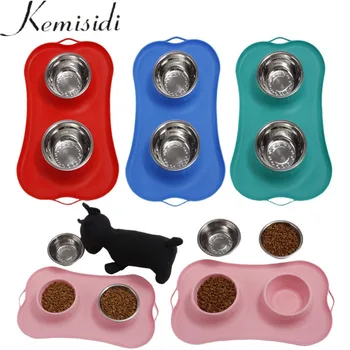 2018 mangeoires pour chiens en acier inoxydable Double bouche chien Gel de silice os Type bol pour animaux de compagnie pour petit et moyen chien fournitures pour animaux de compagnie