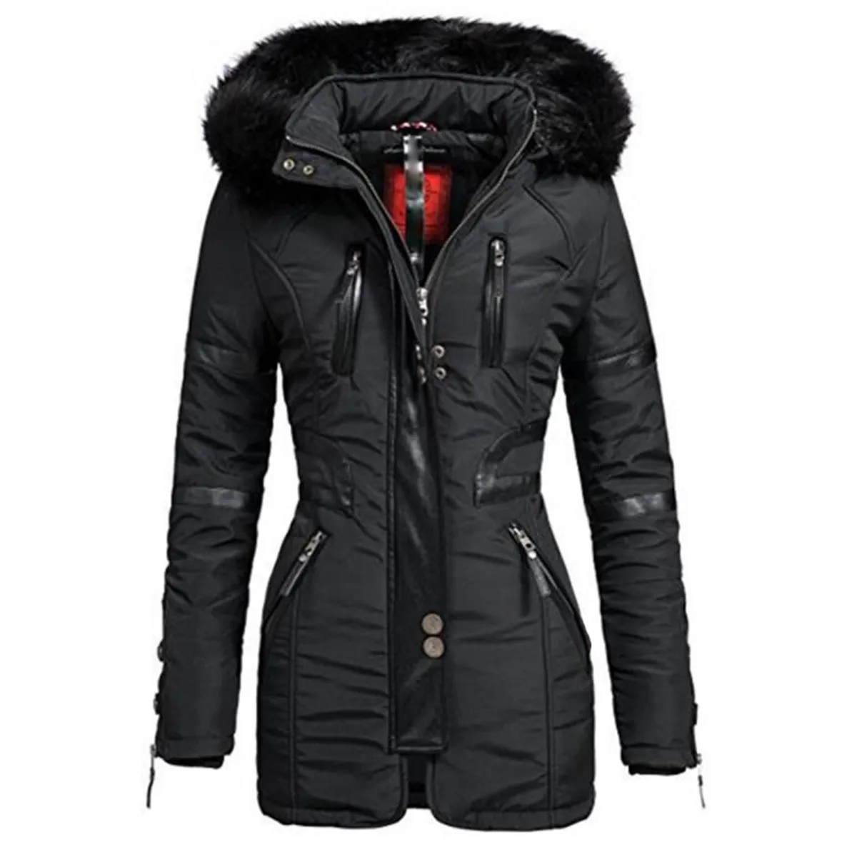 Женская длинная куртка, пальто, черные зимние парки с капюшоном, на молнии, теплая ветровка, черная Готическая тонкая женская верхняя одежда, повседневная верхняя одежда - Цвет: Черный