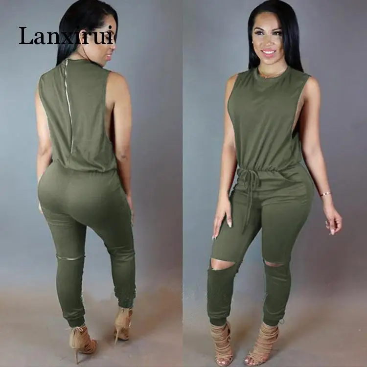 

Women hole sleeveless bandage lace up jumpsuit Casual Rompers overalls for female women o-neck zipper jumpsuits women summer