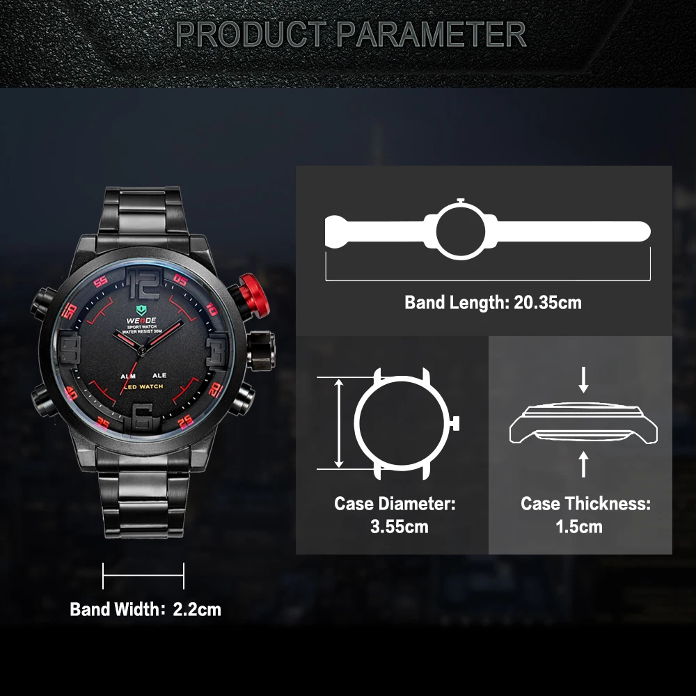  WEIDE Mens Sports Business Military Army Quartz movement Analog led Digital Automatic Date Alarm Wr
