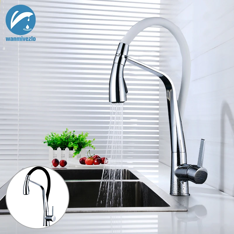 

Chrome White Kitchen Faucet Deck Mounted Hot and Cold Water Chrome Black Mixer Faucet Pull Down Mixer Crane 2 Function Spout