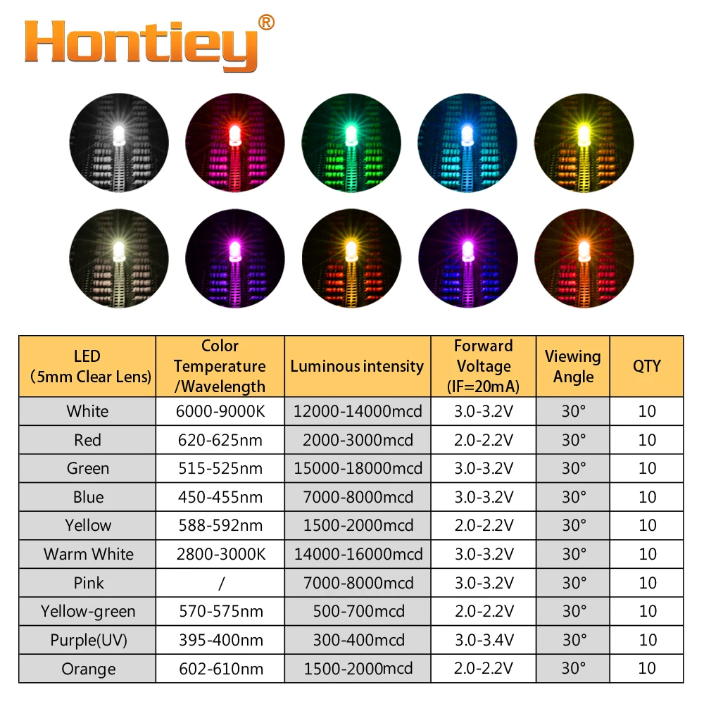 Hontiey 100 шт. LED 5 мм диодный свет DIY белый желтый красный синий зеленый круглый прозрачный 3 мм светоизлучающие диоды лампы F5 бусины