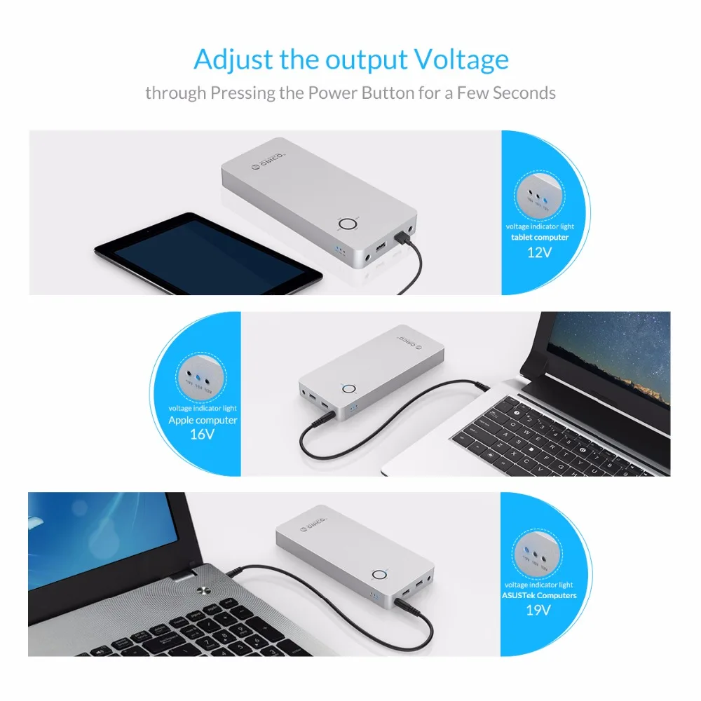 ORICO 18000mAh batería portátil aleación de aluminio doble salida USB un puerto DC 12/16/19V para L