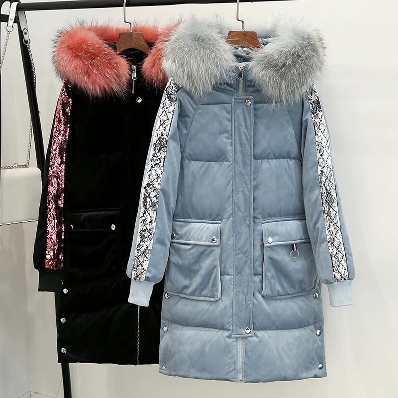 Diwish Fur Collar Hooded Velvet Long Women's Down Jacket Sequins Decorated Casual Ladies Winter Coat Female Thick Warm Outwear