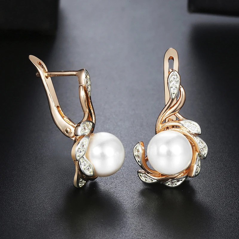 Davieslee серьги-гвоздики из искусственного жемчуга для женщин 585 розовое золото со льдом CZ в форме листа женские серьги ювелирное изделие подарок DGE250