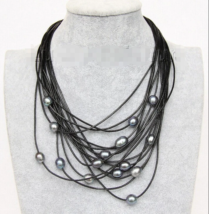 

shipping 17"-24" 13mm 15row black pearls Black leather necklace magnet clasp j9615