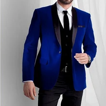 Blue Wedding Groom Tuxedos Three Piece Shawl Lapel Custom Made Mens Suits New Arrival (Jacket + Pants + Vest)