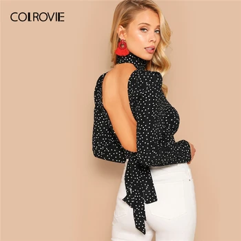 

COLROVIE Black High Neck Polka Dot Knot Open Back Sexy Blouse Women 2019 Summer Koran Tie Back Button Ladies Tops And Blouses