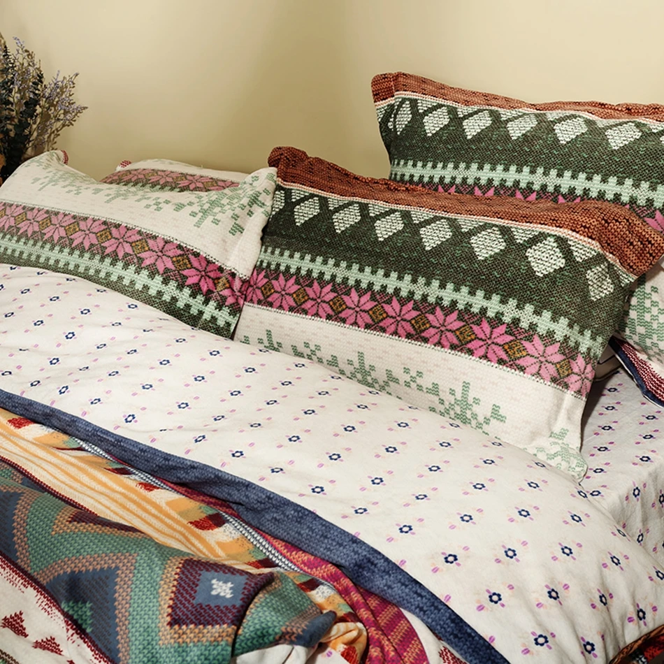 Green Geometric Pattern Flannel Duvet Cover Sets For Winter Autumn