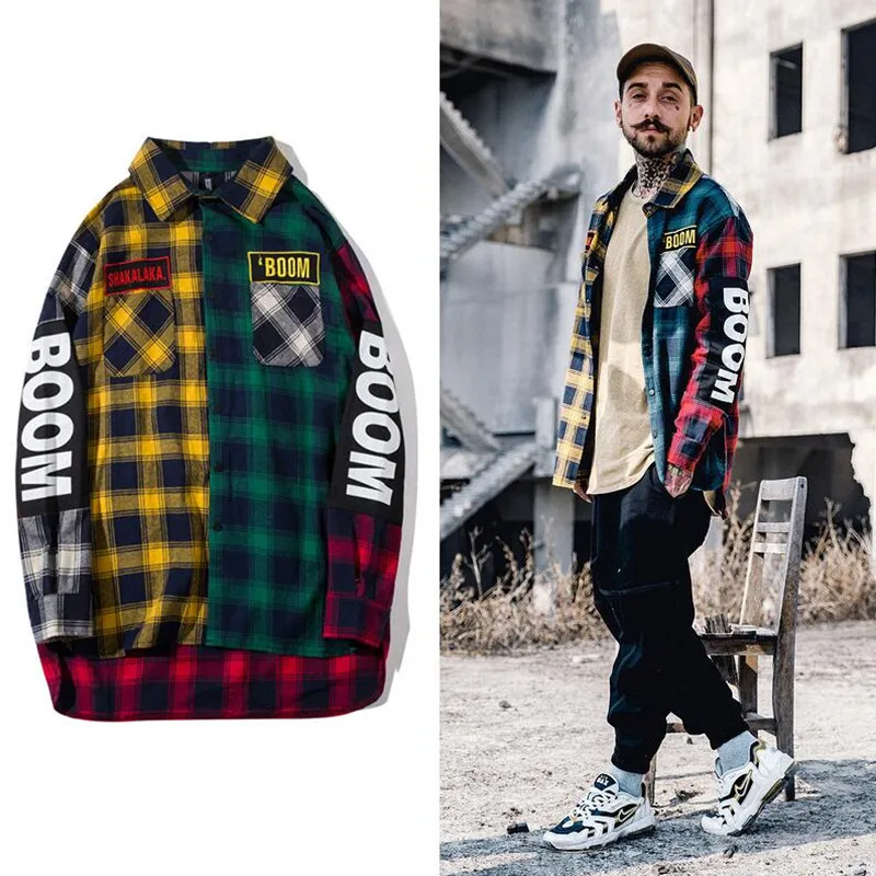 

2018 Flannel plaid Shirt grid hip hop Man side split Turn - down collar style patchwork manon man's shirt for leisure in Cotton
