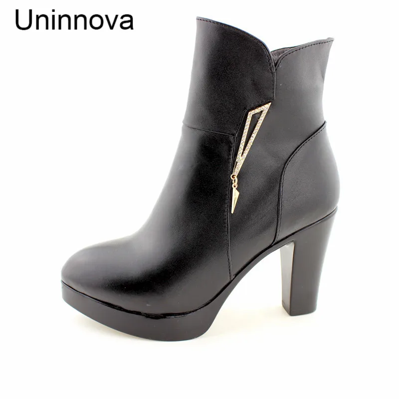 

Women's Genuine Leather Ankle Boots Faux Fur Lining Shoe Black Crystal Zip Winter Boots Plus Size 43 Small Size 32 WB011