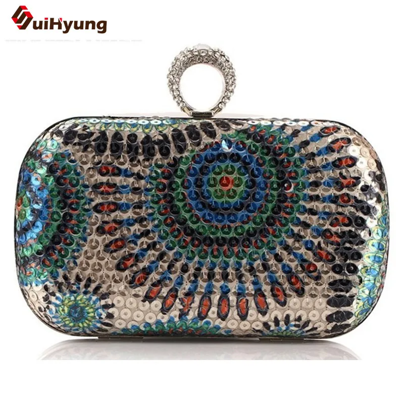 Hot Women s sequined Hard Case Ring Day Clutches Peacock Pattern Handbag Evening Bags Chain Tote
