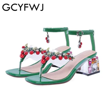 

GCYFWJ 2019 Summer New Coarse Heel Color Diamond Leather Sandals Clamping Toe Cherry Decoration Shoes Women's Shoes High Heels