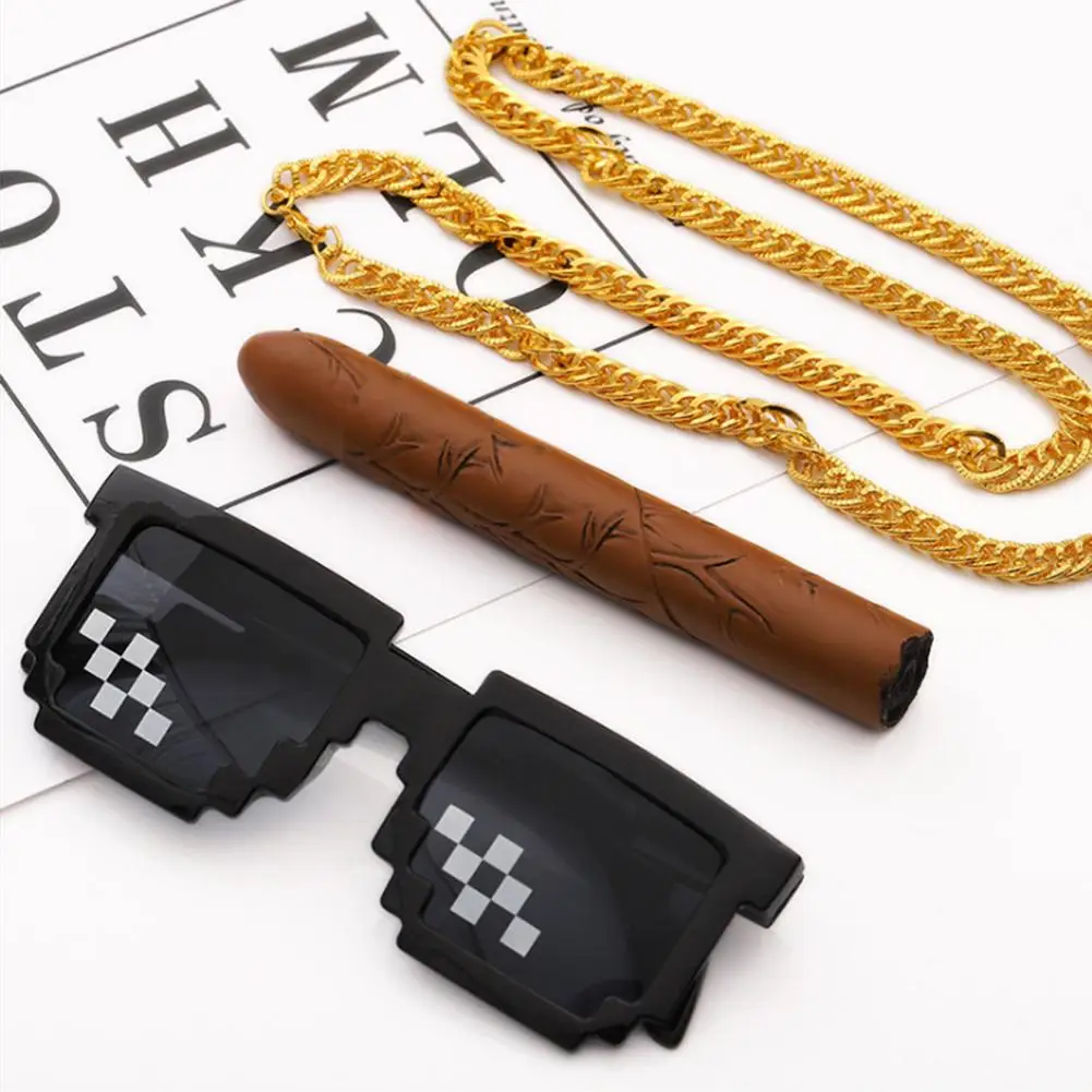 

3 Set Personality Imitation Gold Necklace Cool Artifact Jewelry For Parties Festivals Gold Necklace Toy Cigar Toy Mosaic Glasses