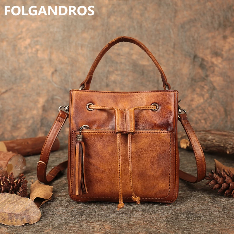 

FOLGANDROS Women's Top-handle Shoulder Bag Genuine Leather Retro Drawstring Handmade Handbag Famous Brand Vintage Messenger Bag