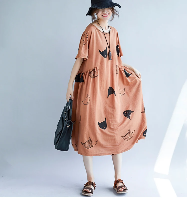 Oversize Summer Dress Plus Size Casual Cotton Linen Women Dress Elegant Cartoon Cat Print Long Maxi Beach Dresses 2019 Vintage3