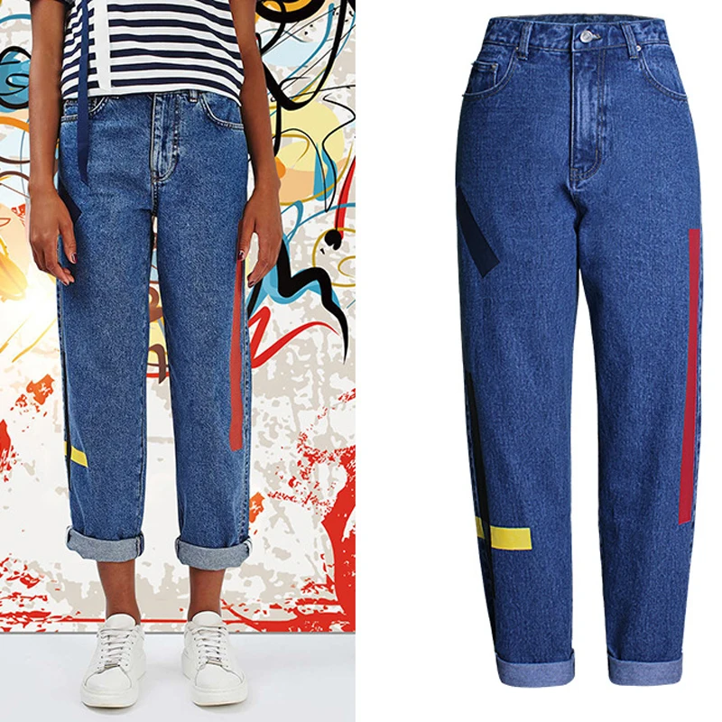 Hot Fashion Loose Straight Pattern Design Women Jeans Free Shipping Brand Color Print Jeans For Women European And US Style S742 Jeans