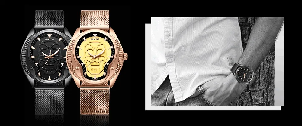 GIMTO золотой череп мужской роскошный бренд часов Уникальный Панк 3D Скелет Мужские повседневные кварцевые наручные часы винтажные стальные электронные часы