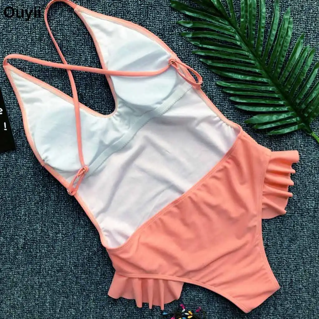 Женский купальник с открытой спиной Одноцветный монокини оборками Maillot De Bain