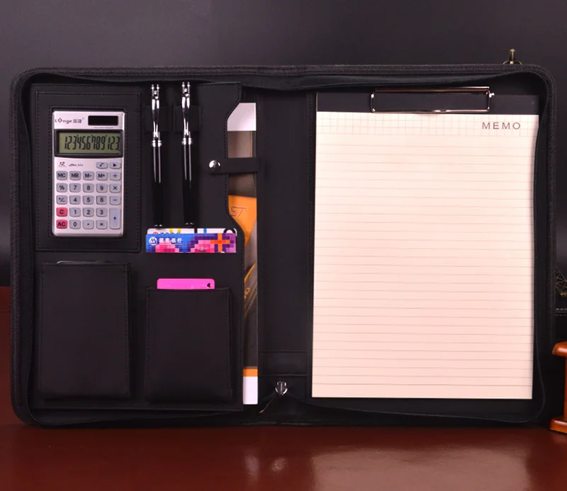 A4 портфель Бизнес менеджер Сумка для документов на молнии кожаный Органайзер для файлов, папок краткий чехол с застежкой-молнией калькулятор записная книжка 641F - Цвет: Черный