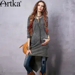 Artka женская чешского стиль сплошной цвет трикотаж хлопчатобумажные и льняные нерегулярные хем пуловер с карманами украшение YB16651Q