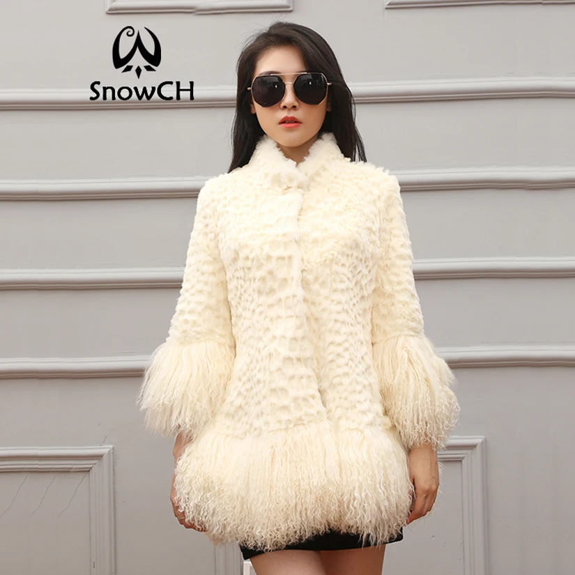 

Genuine Rabbit fur coat women fashion long rabbit fur jacket with lamb fur hem winter fur coat Free shipping EMS F912