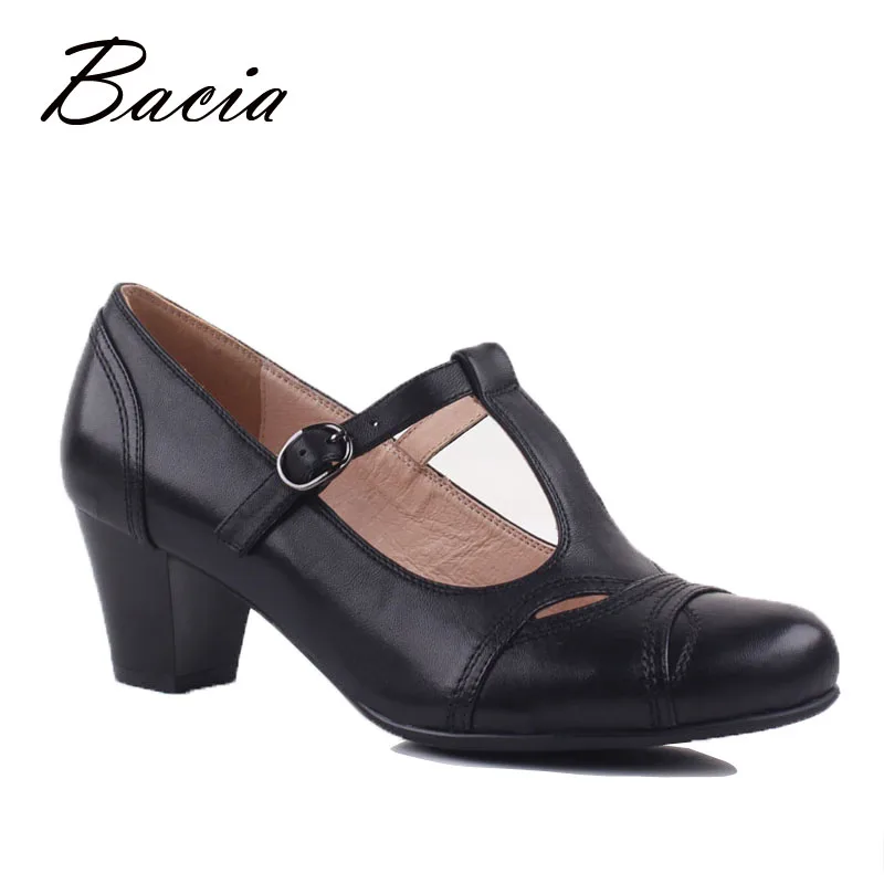 

Bacia Women Genuine Leather Shoes Buckle Strap Heels Black Pumps Front Hollow Butterfly Footwear Comfortable Mother Shoes VD016