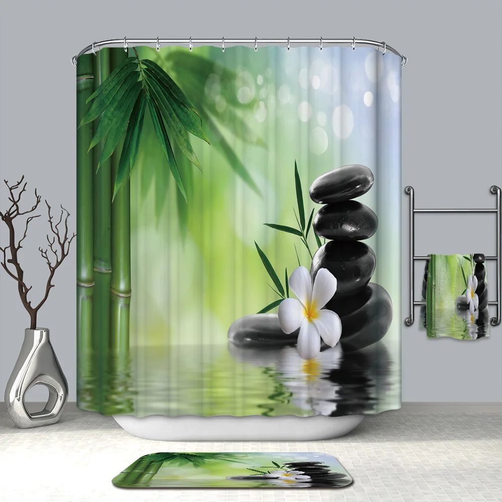 

3D Tranquil Nature Scene Shower Curtains Bamboo Stone Flower Waterproof Mildew Proof Thickened Bath Curtains for Bathroom