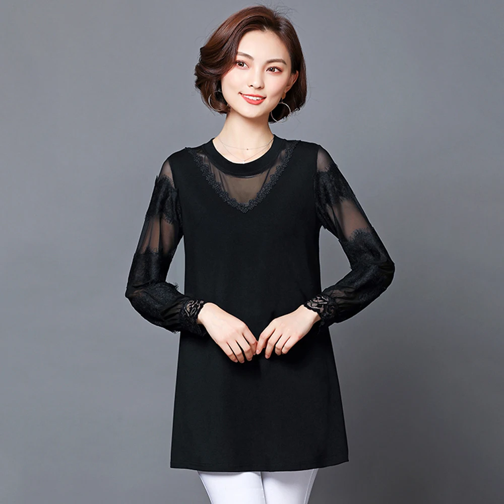 Spring and summer new style large size L-5XL women's clothing Temperament lace mesh gauze stitching top