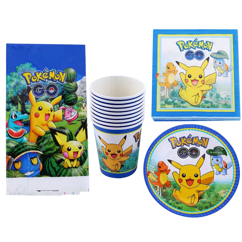 

61pcs/lot Pokemon go Theme Boys Favors Birthday Party Paper Plates Cups Decorate Pikachu Cartoon Napkins Baby Shower Tablecloth