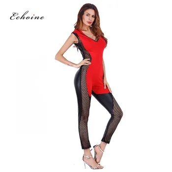 

Echoine Sexy Jumpsuit Women Romper PU Patchwork Hooded Mesh Hollow Out See See Through Sportwear Long Pencil Pants Tight Clothes