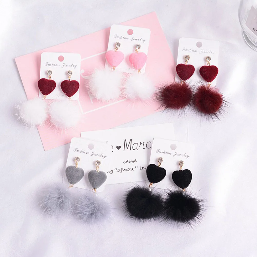 

2019 New Korean version of mink hair ball earrings sweet cute pink girl heart-shaped pearl long earrings earrings