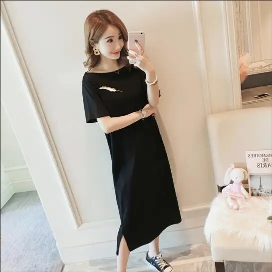 Черный Бренд, платье для беременных; Женская Летняя короткая одежда с короткими рукавами перо большой Размеры платья для беременных женщин, материнство Костюмы MD-00907 - Цвет: Черный
