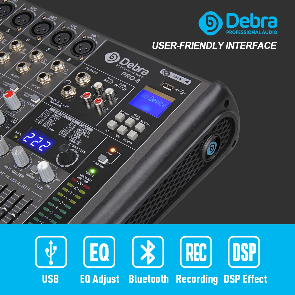 Professional Debra Audio PRO 8 каналов с 256 DSP звуковые эффекты Bluetooth студийный микшер аудио DJ