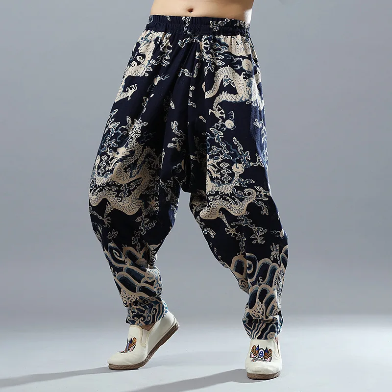 

Nepal Indian Mens Personality Dargon Printing Cross-Pants Loose Fit Hip Hop Casual Cotton Linen Floral Harem Pants For Men
